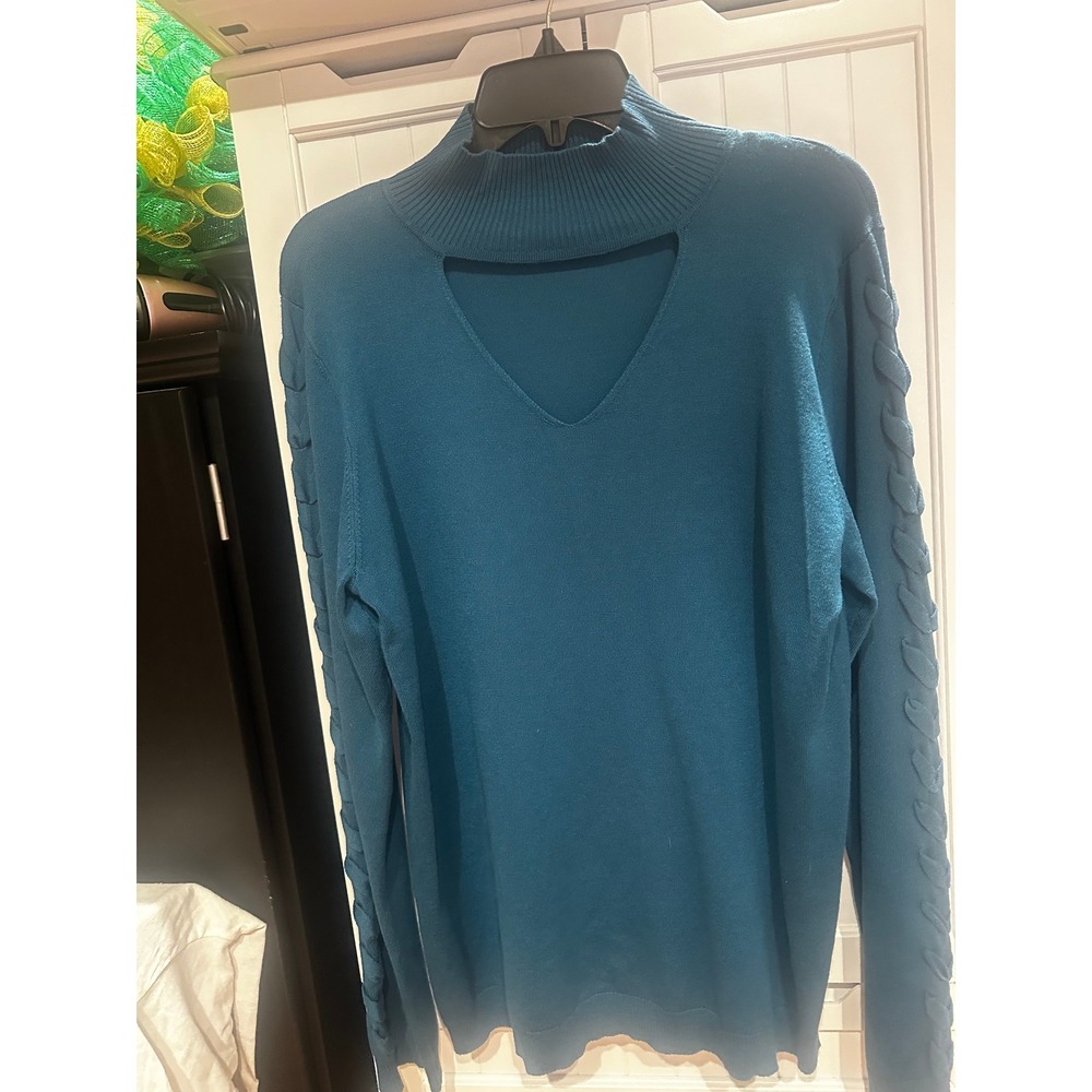 Oak + Meadow Teal Blue Cutout Mock Neck Braided Sleeve Knit Sweater 1X